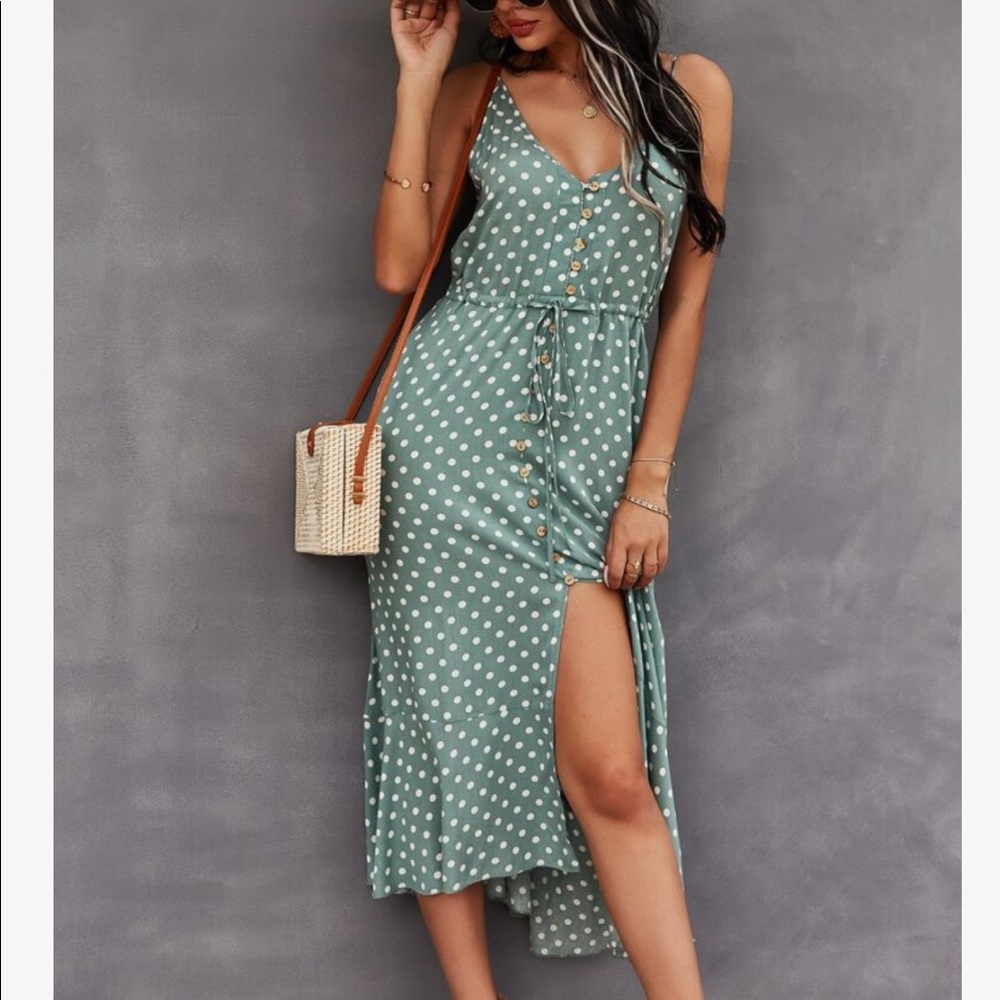 Boho Button Up V Neck Tie Polka Dot Dress GREEN - Picture 6 of 13